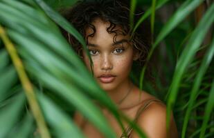 ai generato nuovo arrivato ragazza in posa tra tropicale palme, verde e bronzo, grassetto e dinamico linee, Candido foto