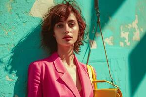 ai generato donna nel rosa blazer e giallo borsa foto