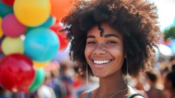 ai generato ragazza con afro ridendo nel davanti di colorato palloncini e persone a un' Festival foto