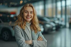 ai generato ragazza sorridente nel il davanti di auto showroom foto