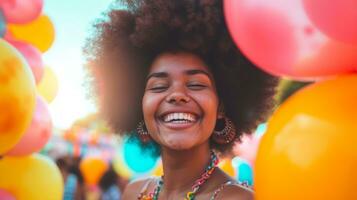 ai generato ragazza con afro ridendo nel davanti di colorato palloncini e persone a un' Festival foto