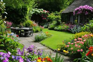 ai generato un idilliaco giardino ambientazione con fioritura fiori, fornire un' pittoresco tela per pubblicità eleganza foto