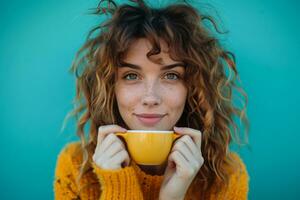 ai generato donna con tazza sollevato su blu sfondo foto