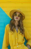 ai generato donna indossare giallo pantaloni cappello con occhiali da sole foto