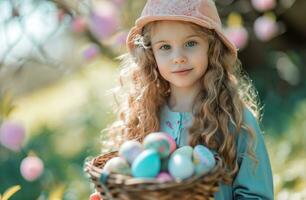 ai generato ragazza con cestino di Pasqua uova nel il parco foto