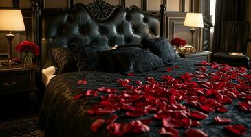 ai generato amore nel il mattina Hotel Hotel nero petali su il letto foto