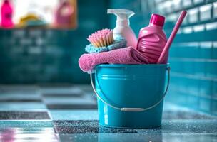 ai generato casa pulizia prodotti nel un' blu secchio dentro cucina, foto