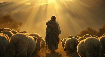 ai generato Gesù in piedi contro un' sfondo di pecora nel il mezzo di il pascolo foto