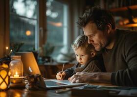 ai generato padre e bambino piccolo scrittura su un' il computer portatile a casa foto