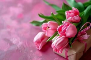 ai generato rosa regalo scatola rosa tulipani foto