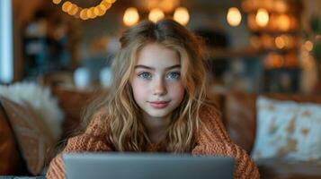 ai generato simpatico 11 anni vecchio ragazza con il computer portatile nel il camera foto