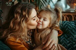 ai generato madre baci figlio a casa Tenere fiori per madri giorno foto