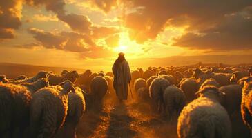 ai generato Gesù è in piedi nel il mezzo di pecora foto