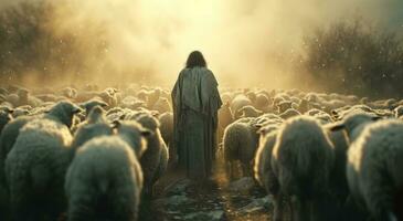 ai generato Gesù è in piedi nel il mezzo di pecora foto