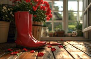 ai generato rosso stivali e giardinaggio guanti su legna pavimento, rosso e beige giardino forbici foto