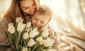 ai generato madre coccole sua figlio con tulipani e madre baci lui foto