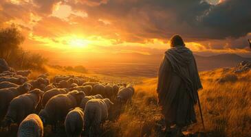 ai generato Gesù guardare a il suo pecora su tramonto foto