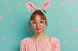 ai generato foto di donna indossare Pasqua coniglio fascia per capelli con orecchie e guardare attraverso bicchieri
