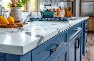 ai generato nuovo cucina design con un' bianca contatore superiore e blu armadietti foto