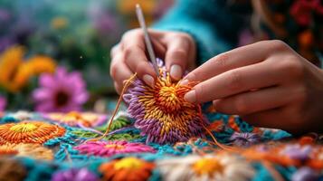 ai generato donna ricama un' fiore con multicolore discussioni foto