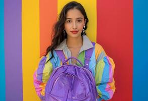 ai generato giovane donna nel colorato indumento Tenere un' viola Borsa foto