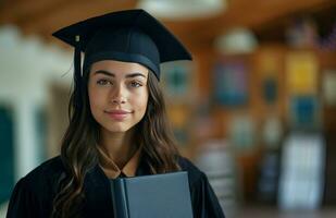 ai generato giovane femmina alunno indossare nero berretto e toga Tenere diploma foto