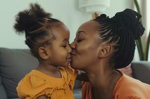 ai generato un' nero donna è baci sua figlia nel davanti di il vivente camera foto