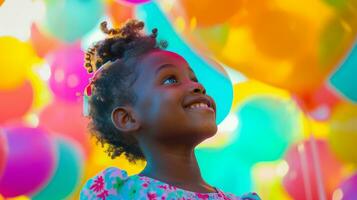 ai generato un' poco ragazza è sorridente a il luminosa colori di palloncini foto