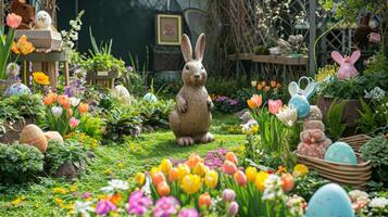 ai generato un' lussureggiante giardino ornato con a tema pasquale arredamento, la creazione di un invitante scena per festivo pubblicità foto