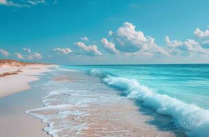 ai generato un' bianca sabbioso spiaggia con blu onde nel il oceano foto