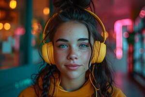 ai generato un' giovane donna ascoltando per musica con giallo cuffie foto