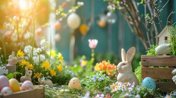 ai generato un' affascinante giardino scena con Pasqua decorazioni, la creazione di un' gioioso atmosfera per annunci foto