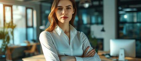 ai generato donna d'affari in posa nel un ufficio attività commerciale donna foto