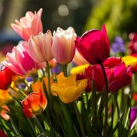 ai generato un' primavera scena con vivace fiori, evocando il freschezza di il stagione per pubblicità beatitudine foto
