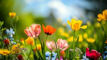 ai generato un' primavera scena con vivace fiori, evocando il freschezza di il stagione per pubblicità beatitudine foto