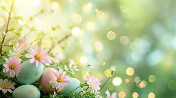 ai generato Pasqua pubblicità naturale sfondo con uova foto