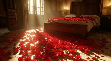 ai generato un' camera con rosa petali posare su superiore di un' letto foto