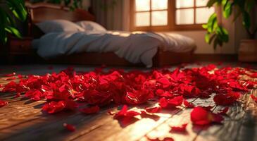ai generato grande rosso rosa petali su il pavimento di un' letto foto