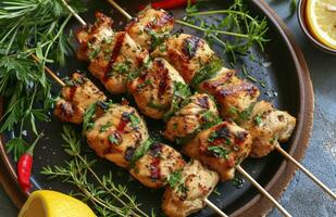 ai generato pollo su spiedini con fresco erbe aromatiche e limoni foto