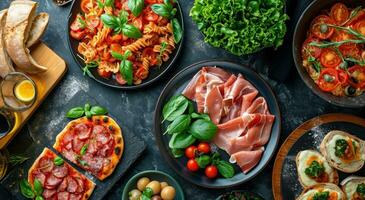 ai generato menu di italiano cibo su piatto siamo posto su superiore di nero tavolo foto