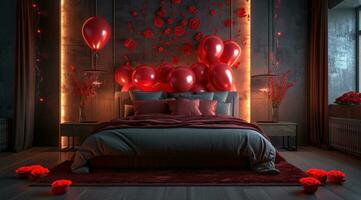 ai generato romantico Camera da letto design con palloncini e Rose foto