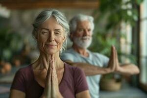 ai generato anziano coppie nel yoga pose foto