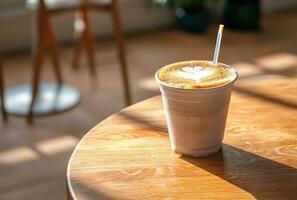 ai generato caffè latte macchiato è su un' tavolo nel un' bar con un' bambino Tenere un' cannuccia foto