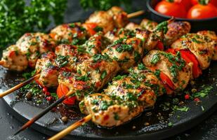 ai generato grigliato pollo su kebab con pomodori e timo su un' di legno tavola foto