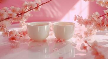 ai generato Due bianca tazze sedersi nel il mezzo di un' tavolo con rosa fioritura foto