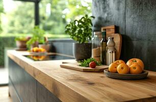 ai generato rigenerante il moderno cucina con legname contatore cime foto