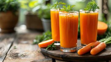 ai generato tre bicchieri contenente carota succo foto