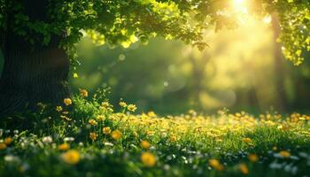 ai generato un' soleggiato primavera giorno con fiori e alberi foto