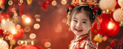 ai generato bella asiatico poco ragazza nel Cinese tradizionale vestire. contento Cinese nuovo anno concetto. foto