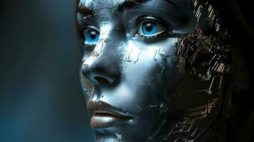 ai generato viso di femmina robot con artificiale intelligenza. foto
